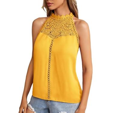 Imagem de Regatas femininas de renda frente única blusa sem mangas cor sólida túnica casual de verão, Amarelo, G