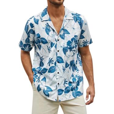 Imagem de Hardaddy Camisa masculina havaiana folha de palmeira tropical floral camisa manga curta abotoada verão praia acampamento gola, Floral azul e branco, XXG