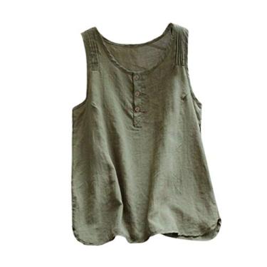 Imagem de Lainuyoah Camisetas femininas de verão 2024 modernas sensuais soltas camisetas regatas casuais de linho gola redonda sem mangas túnica de trabalho, A-Army Green, XXG