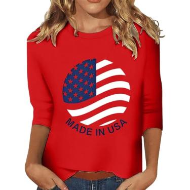 Imagem de 4th of July Camisetas femininas 4th of July Shirts Star Stripes 3/4 manga bandeira americana blusas soltas casuais, Vermelho #1, G