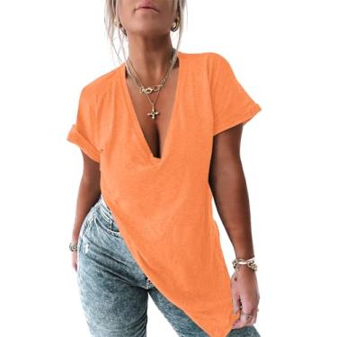 Imagem de Tankaneo Camiseta feminina de manga curta com decote em V profundo e fenda lateral grande para o verão, Laranja, XXG