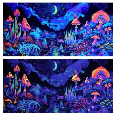 Imagem de Dtekoj 61 x 40 cm Flor de Cogumelo Luz Negra Fundo de Aquário Luz Negra, Fundo de Tanque de Peixes UV Luar Montanha Floresta Paisagem Terrário Fundo com 10 EVA Dupla Face Fita