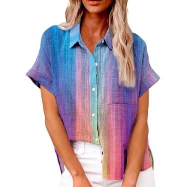 Imagem de Camiseta feminina com estampa floral, manga curta, gola lapela, botões, folgada, casual, para férias, E, ouro rosa, M