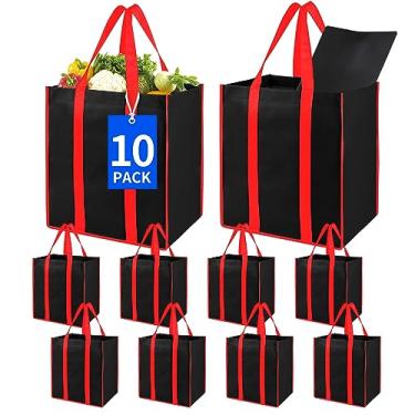 Imagem de Bodaon Embalagem com 10 sacos de compras reutilizáveis de cozinha dobráveis com fundo de plástico, sacola utilitária a granel, grande carrinho de compras dobrável e reutilizável para mantimentos,