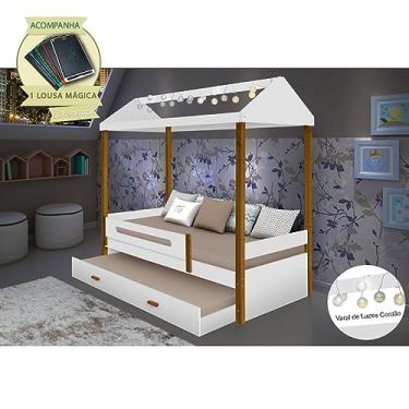 Imagem de Beliche Montessoriana Design Infantil Sara Solteiro C/Led - Branco/Amêndoa Incluso Lousa Mágica