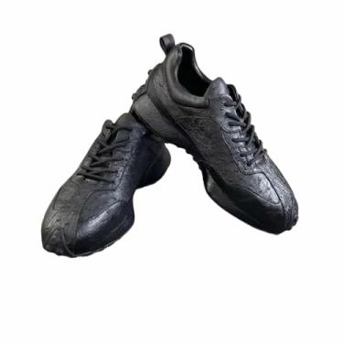 Imagem de Authentic Real Ostrich Skin Clear Black Mid Top Tênis masculino com cadarço couro exótico genuíno masculino casual macio para uso ao ar livre sapatos rasos, Preto, 37
