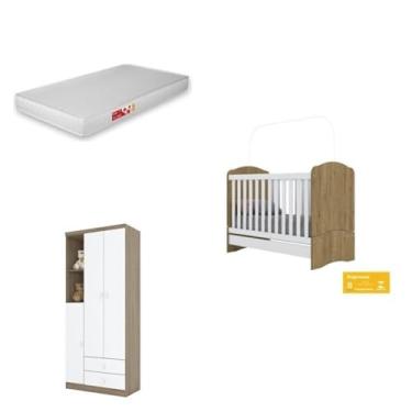 Imagem de Quarto de Bebê Compacto com Berço e Guarda Roupa Lápis de Cor com Colchão Branco/Rústico