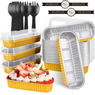 Imagem de Mini formas de pão com tampas e colheres, pacote com 50, copos retangulares de folha de alumínio de 200 ml, recipientes descartáveis de cupcake de ramequins com adesivos de vedação para pão de bolo de