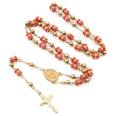 Imagem de Blowin Rosário feminino dourado de aço inoxidável vermelho com contas de silicone com pingente de cruz crucifixo de Jesus Cristo, Aço inoxidável, Sem Pedra Preciosa