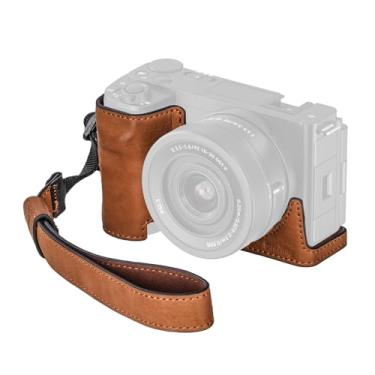 Imagem de SMALLRIG Capa de couro para câmera com alça de pulso, kit de meia capa de couro estilo vintage, moldura de liga de alumínio, orifício rosqueado embutido de 1/10.2 cm-20, para Sony ZV-E10 II (marrom) -
