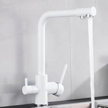 Imagem de Torneira de cozinha com filtro de níquel escovado, torneira de cozinha para água potável, montada no deck, alças duplas, misturador de água quente e fria de 3 vias, branco
