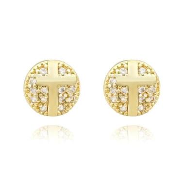 Imagem de Brinco Delicado Ouro 18k Com Cruz Masculina Pedras de Zircônia Banhado
