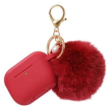 Imagem de Capa para Airpods Pro 2ª Geração Capa de Carregamento 2022, Capa Protetora de Silicone Macio com Chaveiro e Lindo Kit de Bola Puff Pom Pom Frontal LED Visível (Borgonha)