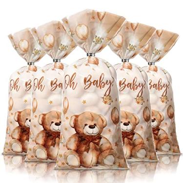 Imagem de Pajean Pacote com 100 sacos de doces de urso para chá de bebê de celofane de pelúcia, sacos de presente de plástico com laços metálicos para lembrancinhas de festa de aniversário de revelação de gênero (marrom)