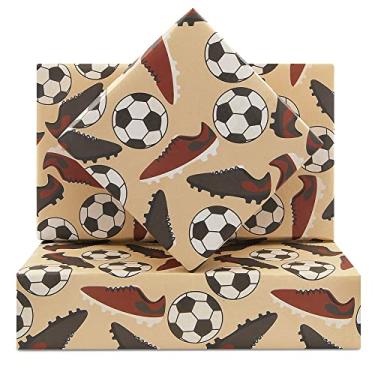 Imagem de Bola de futebol com botas, papel de embrulho esportivo, papel de embrulho para papai, homens, meninos, 71 x 50 cm por folha (4 folhas: 15 pés quadrados) para o dia dos pais, aniversário, férias, Natal