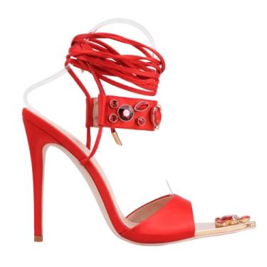 Imagem de Frankie Hsu Sandálias femininas de salto alto de cetim estileto verde com strass de cristal luxuoso, tamanho grande, com cadarço, Vermelho, 34