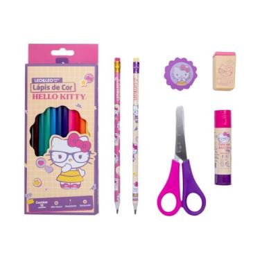 Imagem de Kit Escolar Infantil Lapis De Cor 12 Cores Hello Kitty  Kit C/6 Peças 