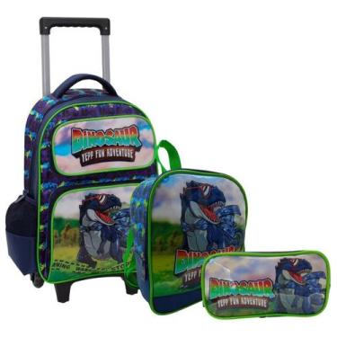 Imagem de Kit Mochila Rodinhas Lancheira Estojo Meninos Dinossauro Yepp, Azul, V