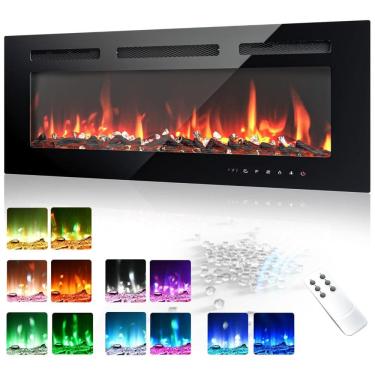 Imagem de Lareira Elétrica EUHOMY de 91 cm, Embutida ou de Parede, Chama Ajustável, Aquecedor com Controle Remoto, Timer, Tela Touch, Troncos e Cristais