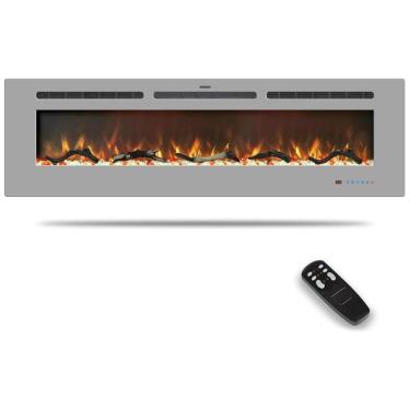 Imagem de Lareira Elétrica de 152 cm, Embutida ou de Parede, Aquecedor Linear com Termostato,Tela Touch,Chama Multicolorida,Timer, Troncos e Cristais, Kentsky