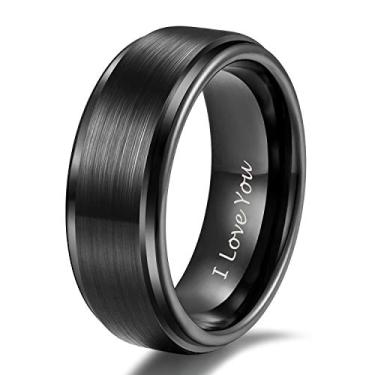Imagem de Shuremaster aliança de casamento de carboneto de tungstênio de 6 mm 8 mm para homens e mulheres borda de degrau preta/prata gravada I Love You ajuste confortável 4-15