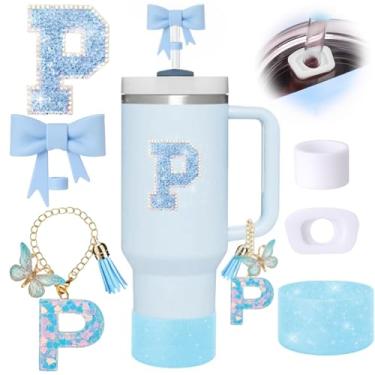 Imagem de Conjunto de 6 peças de acessórios de copo Stanley azul, topo de canudo de arco para copo Stanley 850 g 1,134 g, incluindo cobertura de palha e bota de silicone brilhante, tampas à prova de