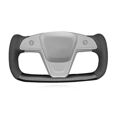 Imagem de MEWANT Capa de volante de carro de camurça costurada à mão para Tesla Yoke Model S Plaid 2021-2023 / Model X 2021-2023 Acessórios de volante para Tesla Yoke