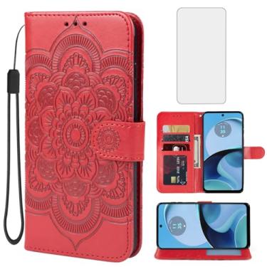 Imagem de Bohefo Capa para Moto G14, Motorola G14 XT2341-2 Capa carteira com protetor de tela de vidro temperado, capa flip de couro mandala com suporte para cartão de crédito para Motorola Moto G14 Vermelho