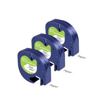 Imagem de Compatível com refis de etiquetadora DYMO 91330 10697 papel branco 1/2 polegada x 3 pés para LetraTag LT-100H LT-100T QX50, preto sobre branco, pacote com 3