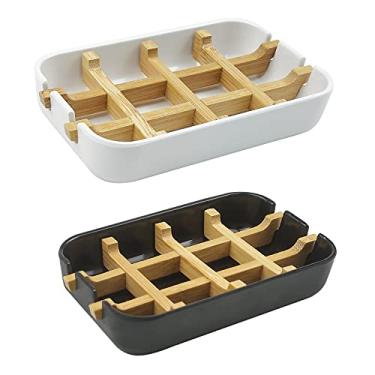 Imagem de HengLiSam Pacote com 2 Saboneteiras de Bambu, Caixa de Sabonete Autodrenante, Suporte de Sabonete Em Barra de Bambu de Madeira para Chuveiro, Banheiro, Cozinha, Banheira, Pia de Bar (Branco e Preto)