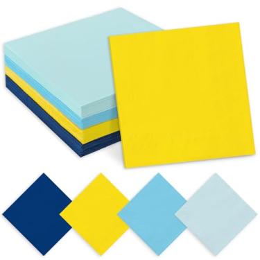Imagem de JarThenaAMCS Guardanapo de coquetel azul amarelo 4 cores guardanapos descartáveis papel bebida bebida guardanapo para aniversário chá de bebê desenho animado esponja festa decoração de mesa