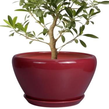 Imagem de Ceramicfor Vaso de cerâmica – Vaso de plantas de interior com orifício de drenagem e pires, vasos grandes de 33 cm para plantas, redondo, moderno, para ambientes externos, decoração de quarto de pátio
