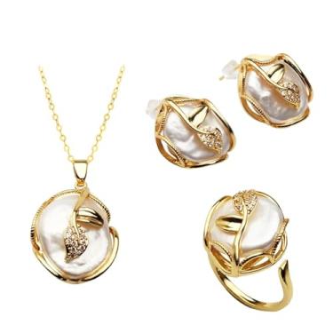 Imagem de Eranthe Conjunto de colar e brinco de pérolas genuínas para mulheres prata esterlina branco preto pérola conjunto de joias mãe noiva casamento, Large, Latão, Pérola