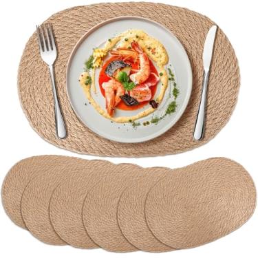 Imagem de Conjunto de 6 jogos americanos de juta natural | Tapetes ecológicos - Carregadores de vime Boho para pratos de jantar (30,5 x 40,6 cm - Oval)