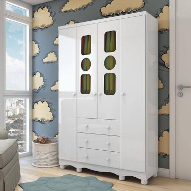 Imagem de Guarda-Roupa Infantil 122,1cm 4 Portas 3 Gavetas com Janelas e Pés Ezra 100% MDF Espresso Móveis Branco