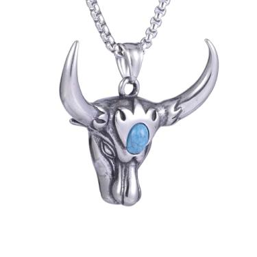 Imagem de Colar masculino gótico punk hip hop rock viking horda animal cabeça de touro com turquesa, material de aço inoxidável 316L, corrente de pérola quadrada de aço inoxidável prata, joia retrô, Aço