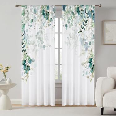 Imagem de Cortina de folhas de eucalipto verde dourado para sala de estar, cortinas de folhas com filtro de luz, macias para sala de jantar, cortinas retrô de casa de fazenda, conjunto de 2 painéis (213 cm de