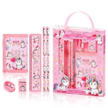 Imagem de GLADFRESIT Conjunto de papelaria! Inclui bolsa, 2 lápis, régua de 15 cm, borracha e apontador para meninos e meninas (rosa)