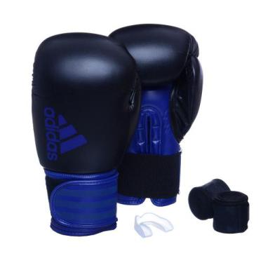 Imagem de Kit Luva Boxe Adidas Hybrid 100 Preto/Azul com Bandagem Preta e Bucal 