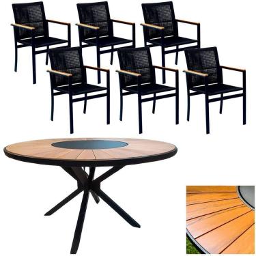 Imagem de Mesa 1,50m Giratória Zurick De Madeira 6 Poltronas Amélia Corda Náutica De Jantar Preto
