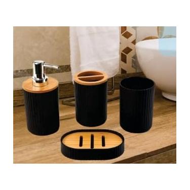 Imagem de Conjunto Para Banheiro Kit Lavabo 4 Peças Com Dispenser Porta Escova Saboneteira E Porta Trecos Em Bambu (Preto)