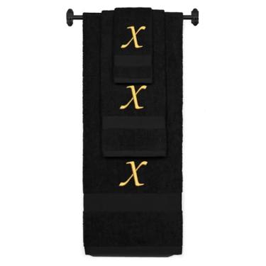 Imagem de Toalha de banho de algodão felpudo bordada personalizada, conjunto de toalha de mão e toalha de banho - conjunto de toalhas pretas, ouro Chancery inicial X