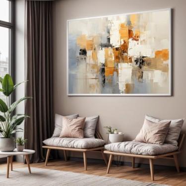 Imagem de Quadro com Moldura Sala Quarto 90x60 Pintura Arte Abstrato Bege Branco Marrom Dourado Decorativo Horizontal Grande Hall