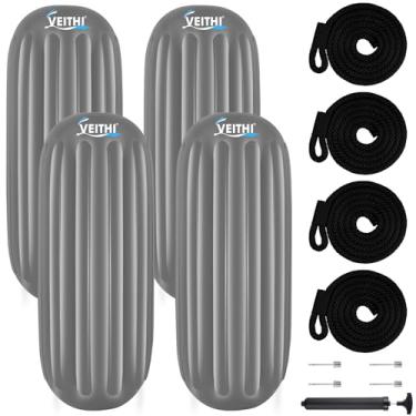 Imagem de VEITHI Pacote com 4 para-lamas de barco, 20,3 x 50,8 cm, para-choques de barco, para-choques de barco para ancoragem, vêm com agulhas de corda e bomba, para-lamas com nervuras infláveis para iate de