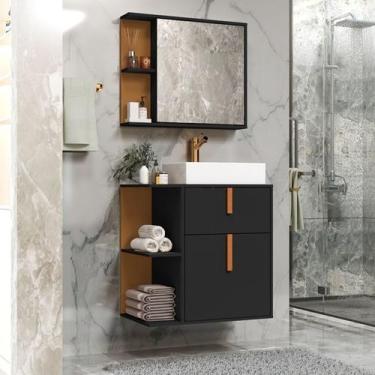 Imagem de Kit Banheiro Espelheira com Armario e Cuba Argos cor Preto / Nature - 