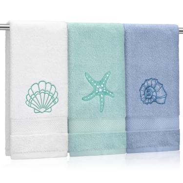 Imagem de Hahafelt Pacote com 3 toalhas de mão costeiras para banheiro toalhas de banheiro bordadas 100% algodão 35 x 74 cm macias absorventes (clássico, oceano)