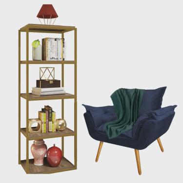 Imagem de Kit Poltrona Fatte com Manta Soft Verde e Estante Livreiro Ferro Dourado mdf Caramelo Suede Azul Marinho - Ahz Móveis