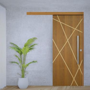 Imagem de Porta de Correr Padrão Imbuia Agatha Trilho Embutir Puxador Barra Chata 800 Mm Cromado 110 X 210