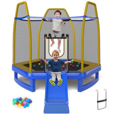 Imagem de Trampolim infantil Goplus 7 FT com escorregador, trampolim recreativo aprovado pela ASTM 87 com estrutura de aço galvanizado, rede de