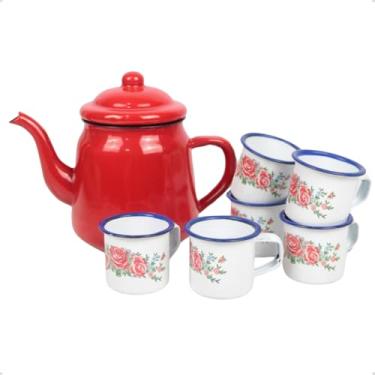 Imagem de Kit Bule Ferro Esmaltado 1,7L Bico de Ganso com 6 Xícaras 90ml Rústicas (Vermelho Floral)